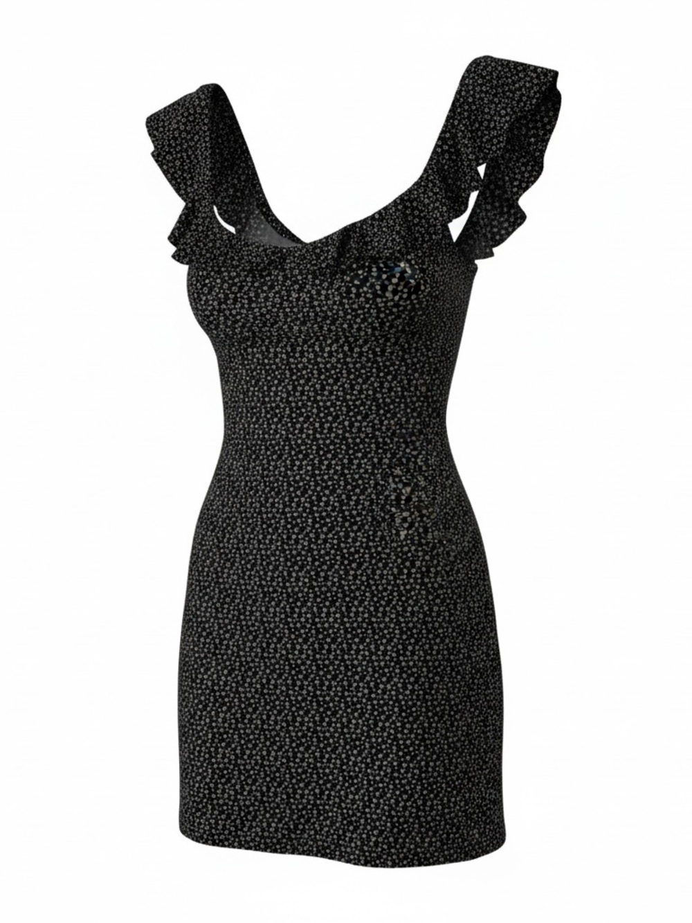 Kimchi Blue Black Mini Dress w/ Tiny Gold Ditsy Print and Ruffle Straps - S